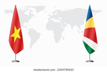 Vietnam and Seychelles flags for official meeting against background of world map.