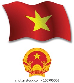 vietnam shadowed textured wavy flag and coat of arms against white background, vector art illustration, image contains transparency transparency