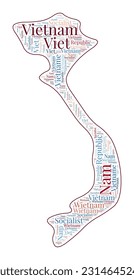 Vietnam shape filled with country name in many languages. Vietnam map in word cloud style. Authentic vector illustration.