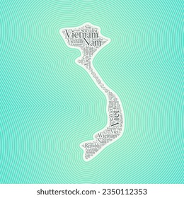 Vietnam shape formed by country name in multiple languages. Vietnam border on stylish striped gradient background. Vibrant poster. Awesome vector illustration.