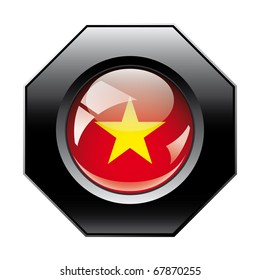 Vietnam shiny button flag with black frame -  vector illustration. Isolated abstract object against white background.