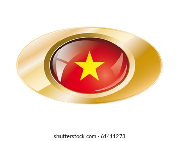 Vietnam shiny button flag vector illustration. Isolated abstract object on metal background.