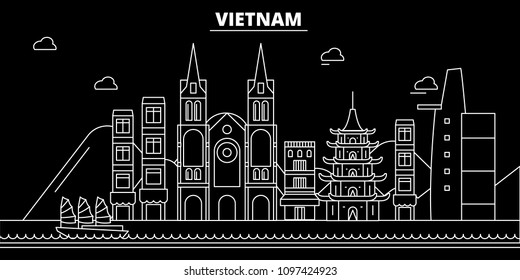 Vietnam silhouette skyline. Vietnam vector city, vietnamese linear architecture, buildingline travel illustration, landmarkflat icon, vietnamese outline design banner
