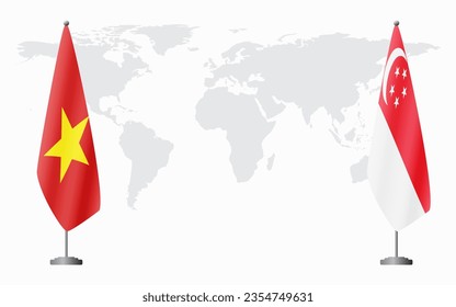 Vietnam and Singapore flags for official meeting against background of world map.