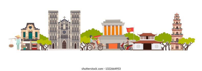 Vietnam skyline colorful background. Famous Vietnamese building. Vietnam hand drawn vector illustration. Vietnamese travel landmarks/attraction. Vector illustration isolated on white background