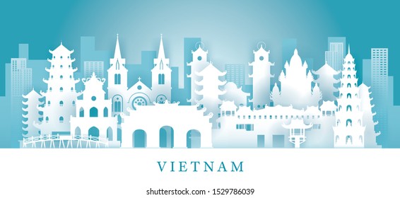 Vietnam Skyline Landmarks in Paper Cutting Style, Famous Place and Historical Buildings, Travel and Tourist Attraction