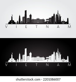 Vietnam skyline and landmarks silhouette, black and white design, vector illustration.