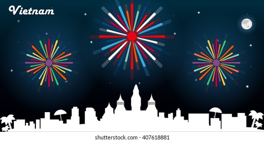 Vietnam skyline silhouette, dark night sky with fireworks vector design