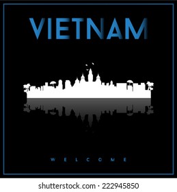 Vietnam, skyline silhouette vector design on parliament blue and black background.