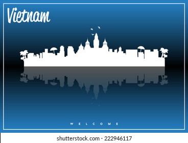 Vietnam, skyline silhouette vector design on parliament blue and black background.