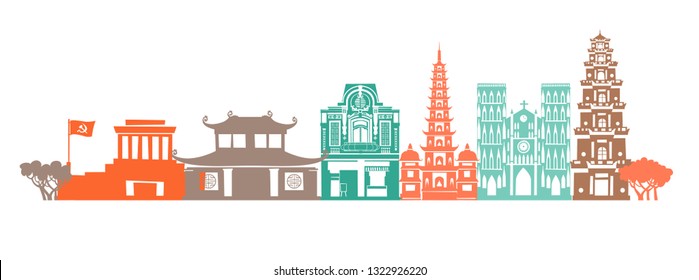 Vietnam skyline vector. Panoramic abstract street view. Travel and tourism background. Vector illustration Vietnamese landmark contour illustration