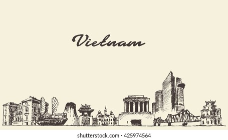 Vietnam skyline  vintage vector engraved illustration  hand drawn  sketch