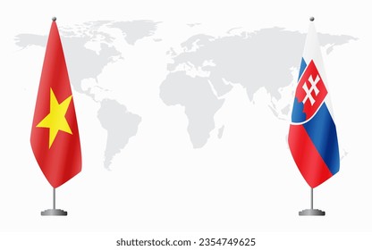 Vietnam and Slovakia flags for official meeting against background of world map.