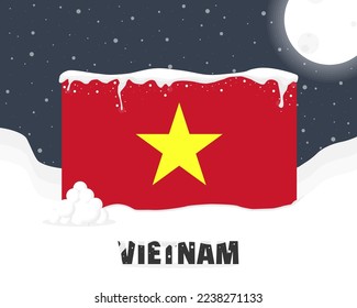 Vietnam snowy weather concept, cold weather and snowfall, Vietnam weather forecast winter banner idea, snow cap on flag with snowballs and moon, blizzard and adverse weather conditions