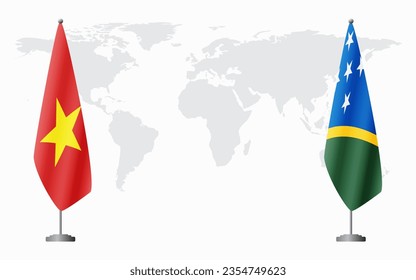 Vietnam and Solomon Islands flags for official meeting against background of world map.