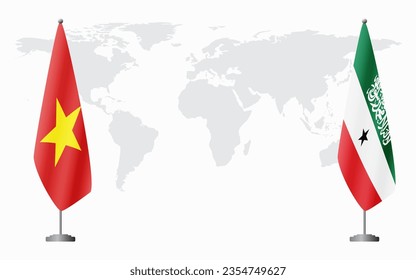 Vietnam and Somaliland flags for official meeting against background of world map.