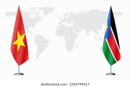 Vietnam and South Sudan flags for official meeting against background of world map.