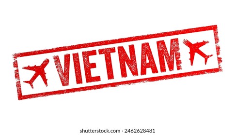 Vietnam - a Southeast Asian country known for its rich history, diverse culture, stunning landscapes, and delicious cuisine, text emblem stamp with airplane