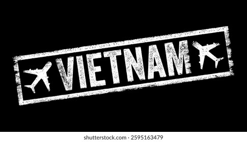 Vietnam - a Southeast Asian country known for its rich history, diverse culture, stunning landscapes, and delicious cuisine, text emblem stamp with airplane