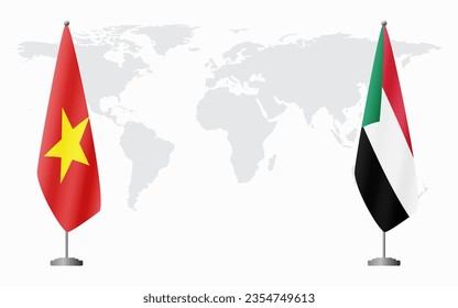 Vietnam and Sudan flags for official meeting against background of world map.