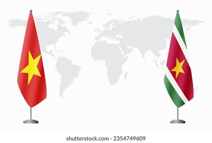 Vietnam and Suriname flags for official meeting against background of world map.