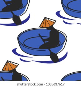 Vietnam symbol man in boat in Vietnamese hat with oar seamless pattern vector fisher silhouette and round vessel traditional headdress endless texture water swim or sail wallpaper print traveling