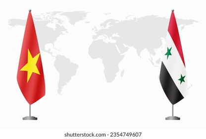 Vietnam and Syria flags for official meeting against background of world map.