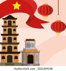 vietnam, temples flag and lanterns