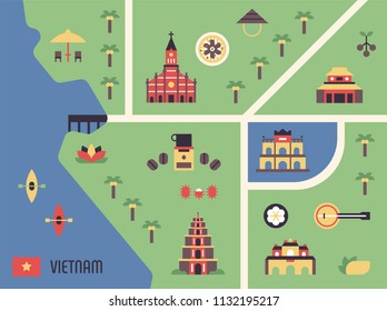 vietnam tourist map and landmark icons flat design style vector graphic illustration set