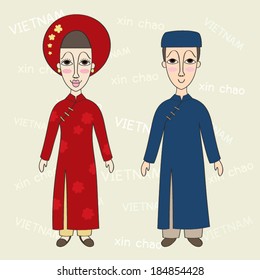 Vietnam Traditional Costume, with the word say hello in Vietnamese