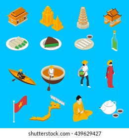 Vietnam traditional food clothing landmarks map and national cultural symbols isometric icons collection abstract isolated vector illustration