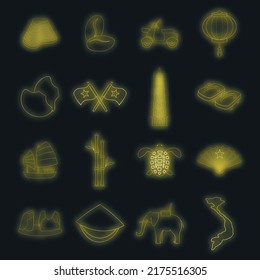 Vietnam travel icons set. Illustration of 16 Vietnam travel vector icons neon color on black