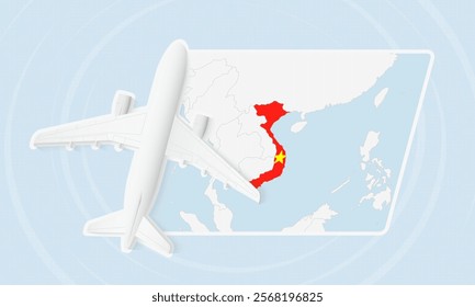 Vietnam Travel Illustration with Plane and National Flag. Ideal for travel agencies, promotional materials, or geographic content related to Vietnam.