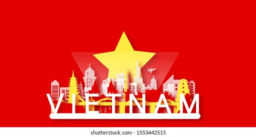 Vietnam Travel postcard, poster, tour advertising of world famous landmarks in paper cut style.