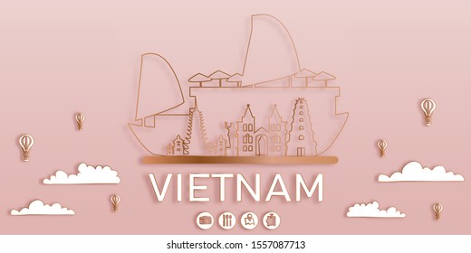 Vietnam Travel postcard, poster, tour advertising of world famous landmarks in paper cut style. Vectors illustrations