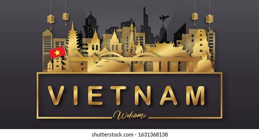 Vietnam Travel postcard, poster, tour advertising of world famous landmarks in paper cut style. Vectors illustrations