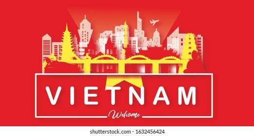 Vietnam Travel postcard, poster, tour advertising of world famous landmarks in paper cut style. Vectors illustrations