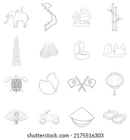 Vietnam travel set icons in outline style isolated on white background