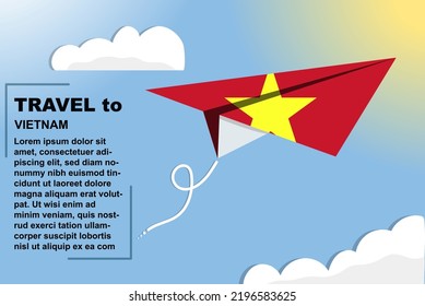 Vietnam travel vector banner with paper flag and text space, Vietnam country flag on paper plane, holiday and vacation concept, summer travel template and pattern, flight ticket idea