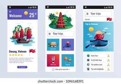 Vietnam travel vertical banners with advertising of apartments shopping and boat trip vector illustration