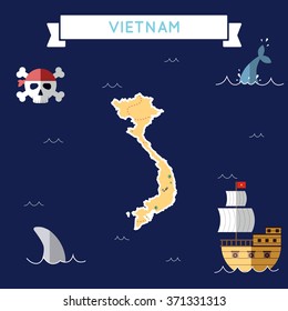 Vietnam treasure map in flat design. Colorful cartoon treasure map of Vietnam with flat design icons of pirate ship and jolly roger. Vietnam flat design vector illustration.