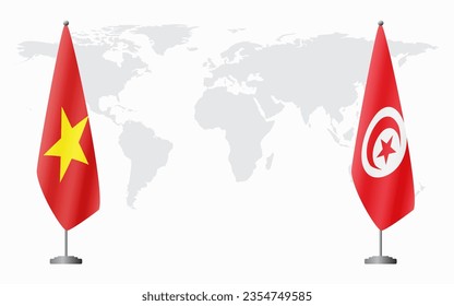 Vietnam and Tunisia flags for official meeting against background of world map.