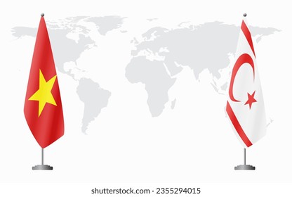 Vietnam and Turkish Republic of Northern Cyprus flags for official meeting against background of world map.