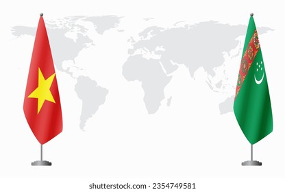 Vietnam and Turkmenistan flags for official meeting against background of world map.