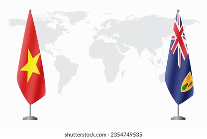 Vietnam and Turks and Caicos flags for official meeting against background of world map.