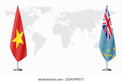 Vietnam and Tuvalu flags for official meeting against background of world map.