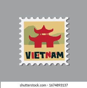 Vietnam typographic composition with a famous travel Vietnamese building. Vietnam hand drawn vector illustration isolated on yellow background. Post stamp design