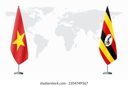 Vietnam and Uganda flags for official meeting against background of world map.