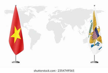 Vietnam and United States Virgin Islands flags for official meeting against background of world map.