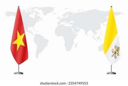 Vietnam and Vatican flags for official meeting against background of world map.